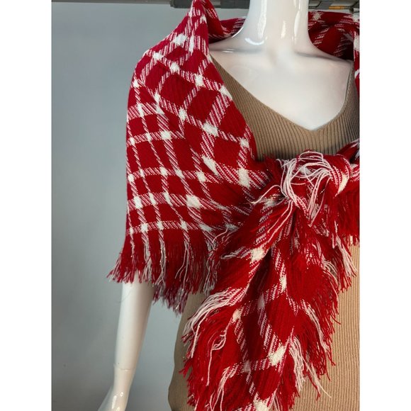 Red Plaid Scarf Shawl With Fringe 43" x 43" Polyester Blend - Picture 4 of 16